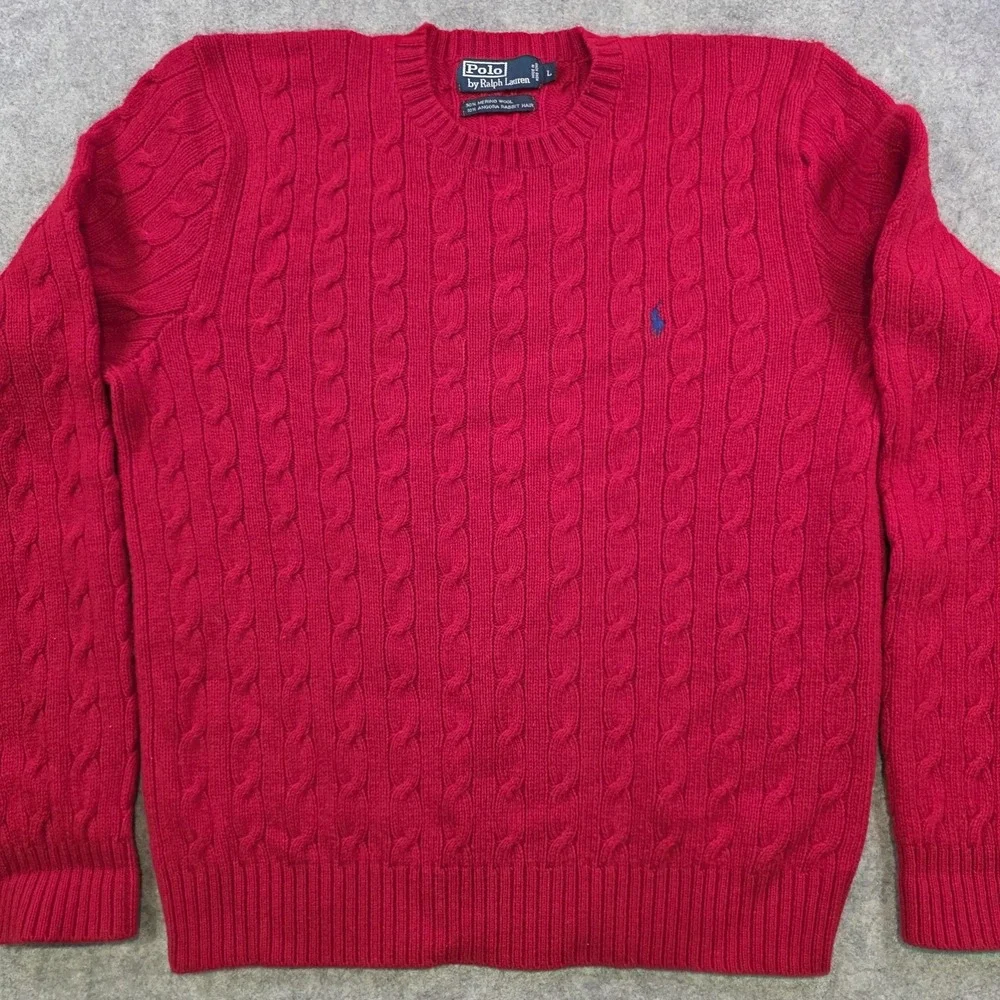 VTG Polo Ralph‎ Lauren Sweater Mens Large Red Merino Angora Cable Knit Crewneck